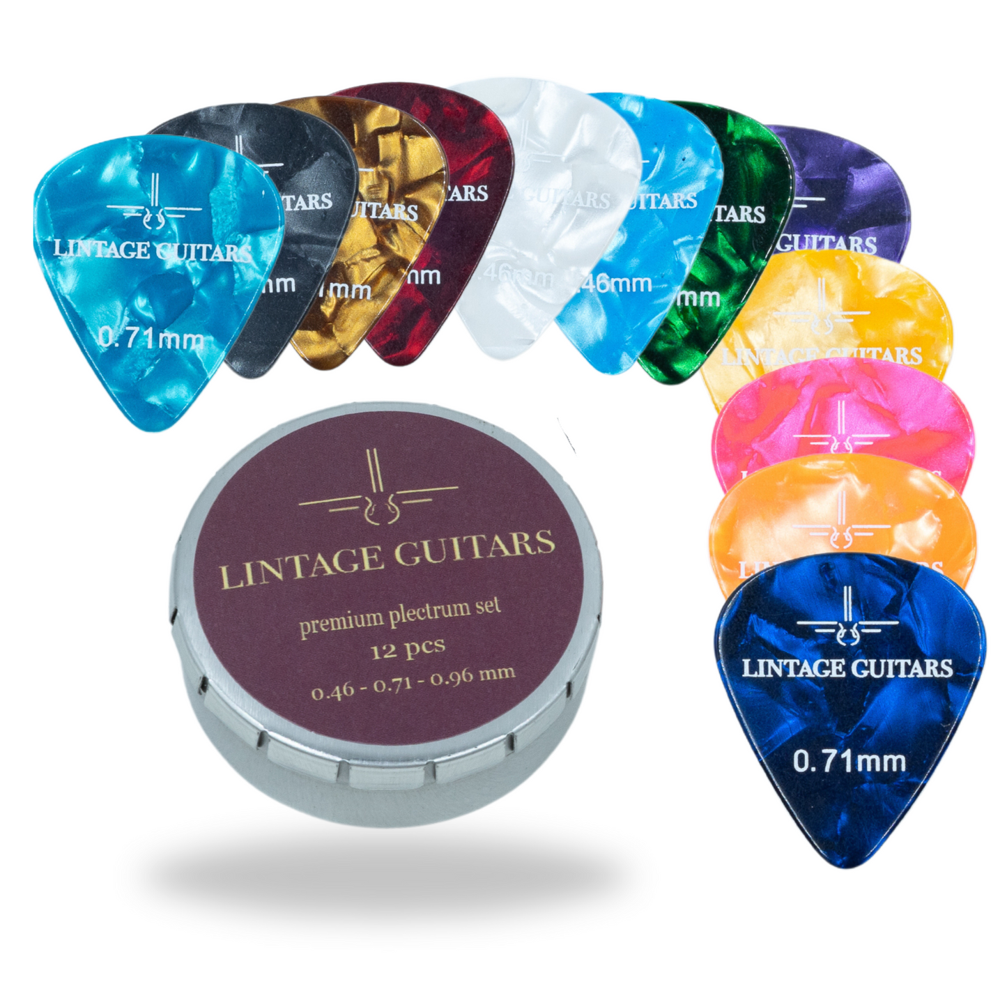 12 (PCS) Premium Plectrum Mix Celluoid - Plectrums in opberg doosje - 0.46, 0.71, 0.96 mm - Lintage Guitars