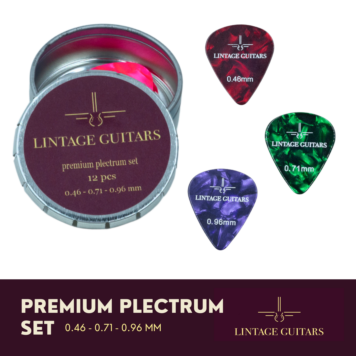 12 (PCS) Premium Plectrum Mix Celluoid - Plectrums in opberg doosje - 0.46, 0.71, 0.96 mm - Lintage Guitars