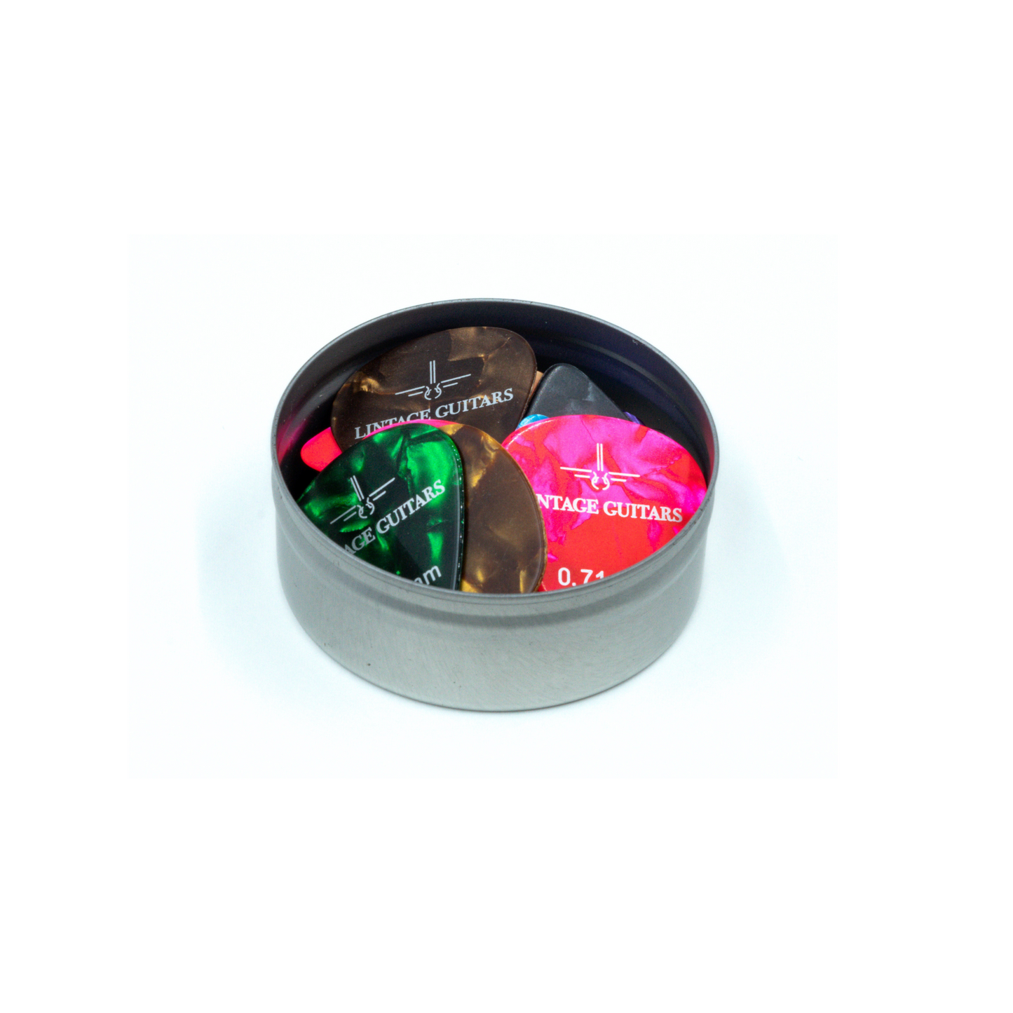 12 (PCS) Premium Plectrum Mix Celluoid - Plectrums in opberg doosje - 0.46, 0.71, 0.96 mm - Lintage Guitars