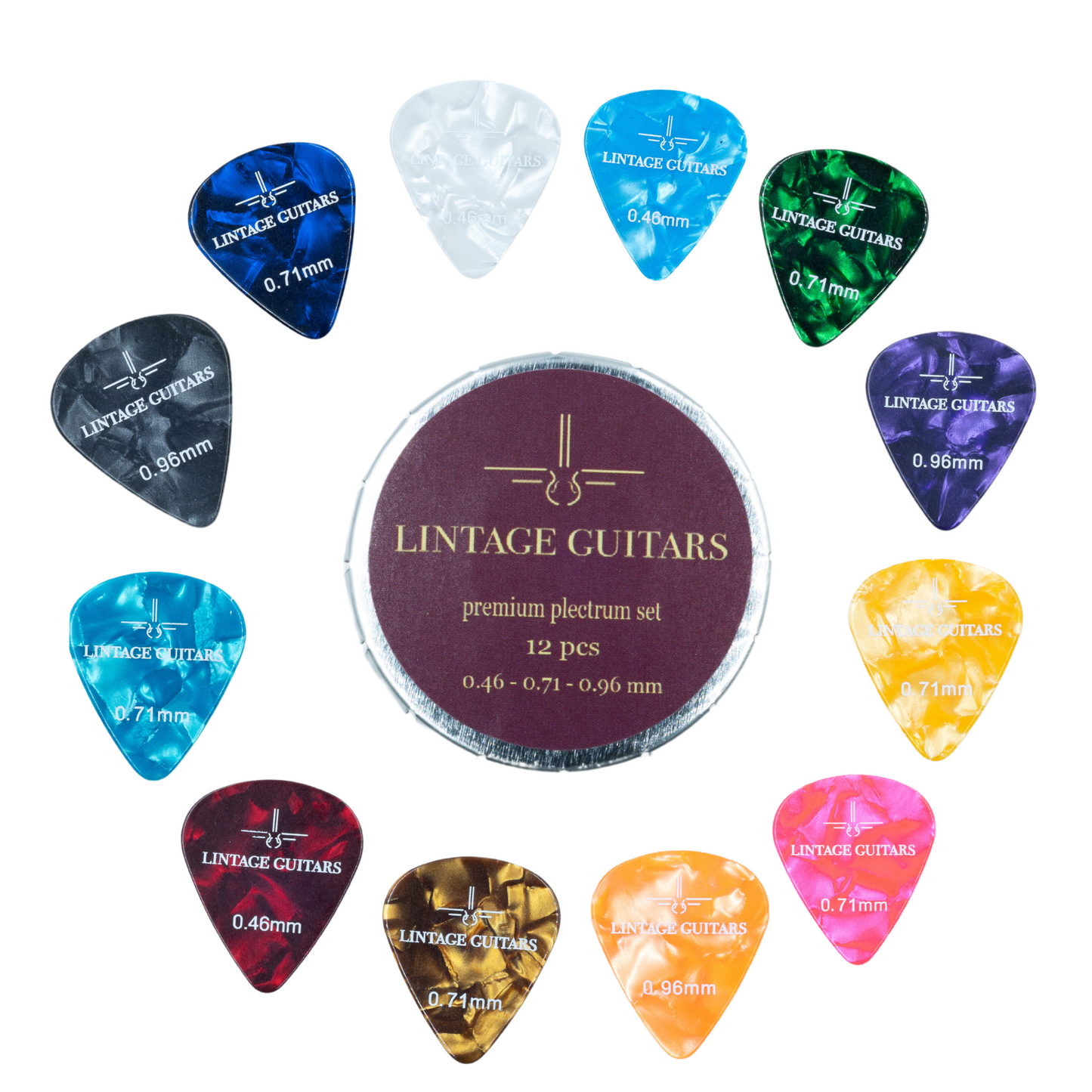 12 (PCS) Premium Plectrum Mix Celluoid - Plectrums in opberg doosje - 0.46, 0.71, 0.96 mm - Lintage Guitars