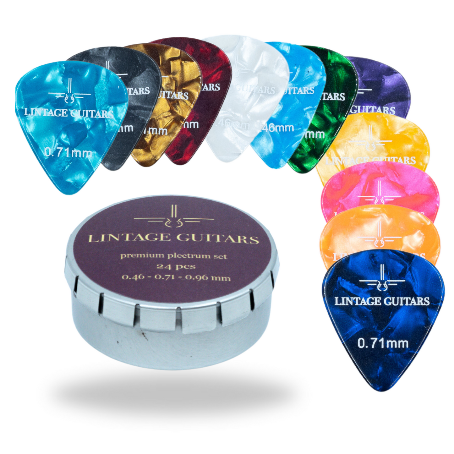 24 (PCS) Premium Plectrum Mix Celluoid - Plectrums in opberg doosje - 0.46, 0.71, 0.96 mm - Lintage Guitars
