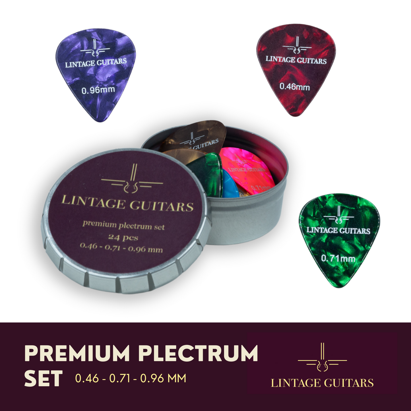 24 (PCS) Premium Plectrum Mix Celluoid - Plectrums in opberg doosje - 0.46, 0.71, 0.96 mm - Lintage Guitars