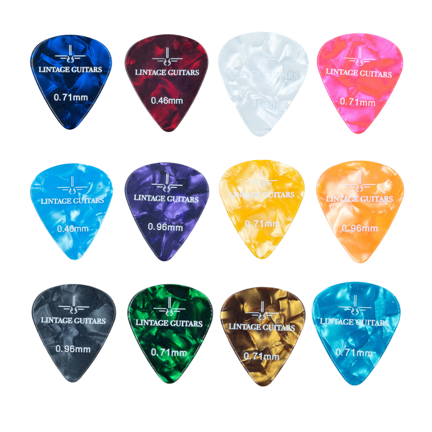 24 (PCS) Premium Plectrum Mix Celluoid - Plectrums in opberg doosje - 0.46, 0.71, 0.96 mm - Lintage Guitars