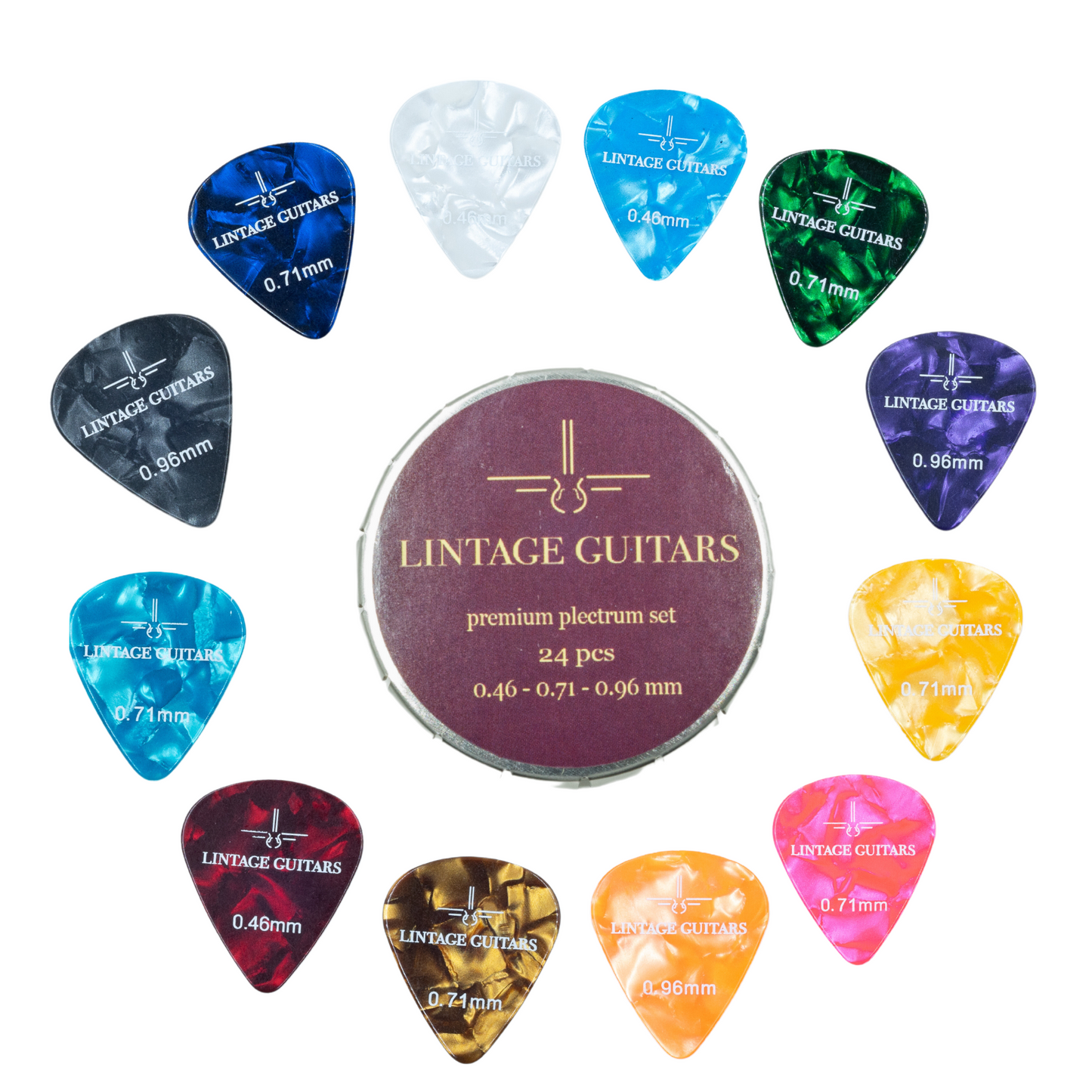 24 (PCS) Premium Plectrum Mix Celluoid - Plectrums in opberg doosje - 0.46, 0.71, 0.96 mm - Lintage Guitars