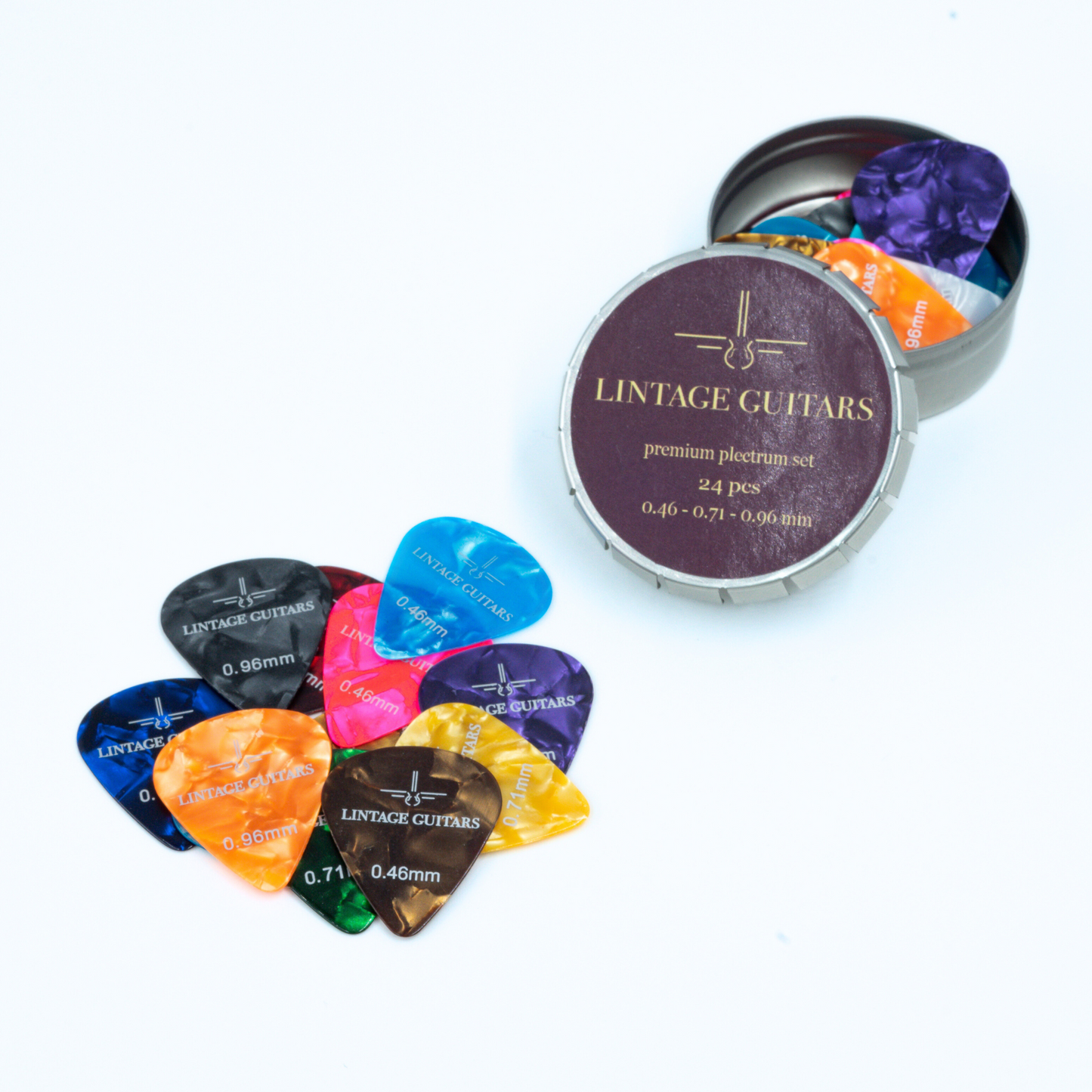 24 (PCS) Premium Plectrum Mix Celluoid - Plectrums in opberg doosje - 0.46, 0.71, 0.96 mm - Lintage Guitars