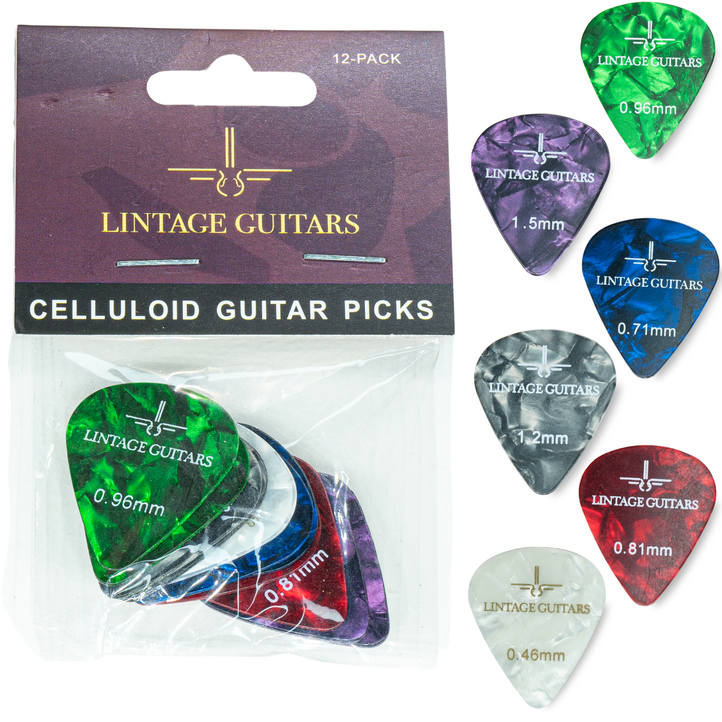 12 Stuks Plectrum Mix - 0.46 t/m 1.50 Plectrum - Celluloid Guitar Picks - Lintage Guitars®