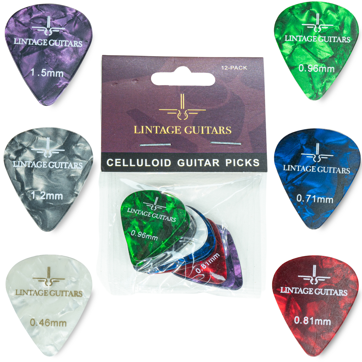 12 Stuks Plectrum Mix - 0.46 t/m 1.50 Plectrum - Celluloid Guitar Picks - Lintage Guitars®