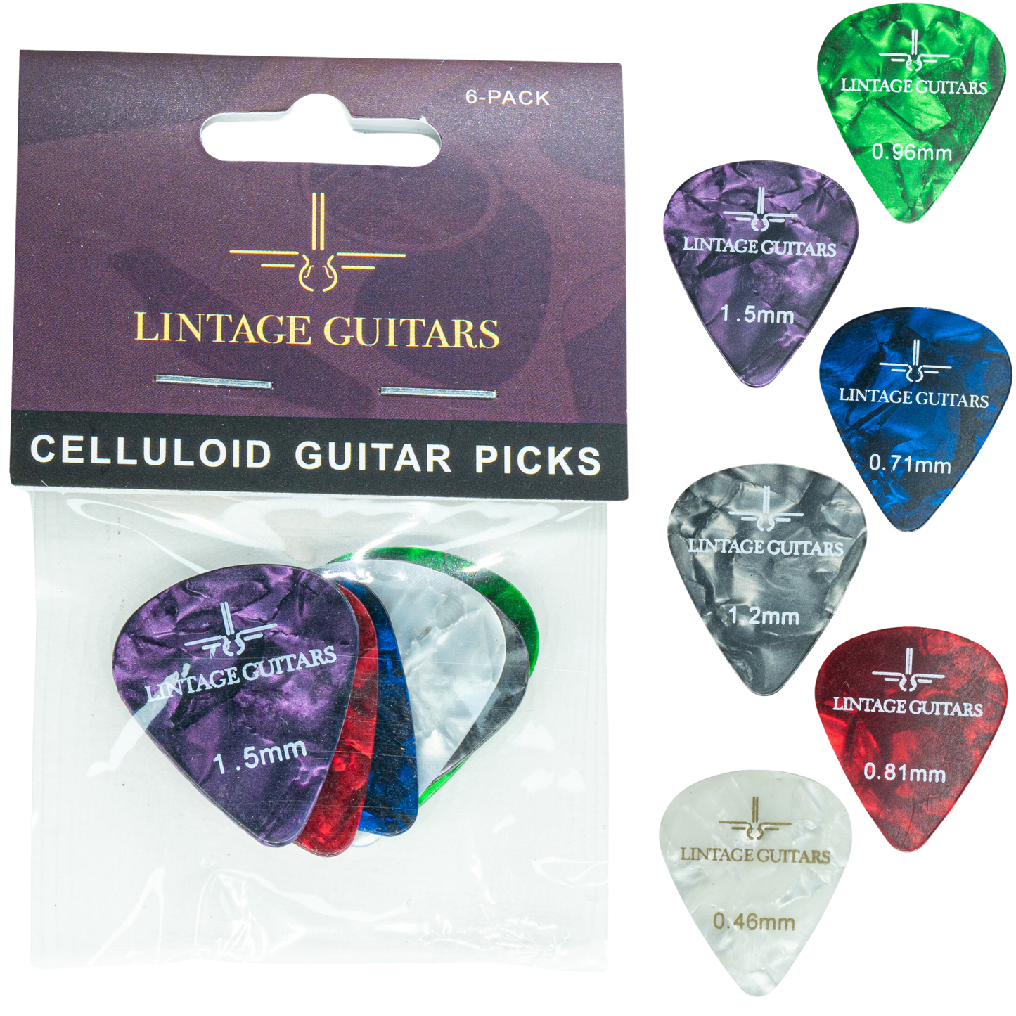 6 Stuks Celluloid Plectrum Mix - 0.46 t/m 1.50