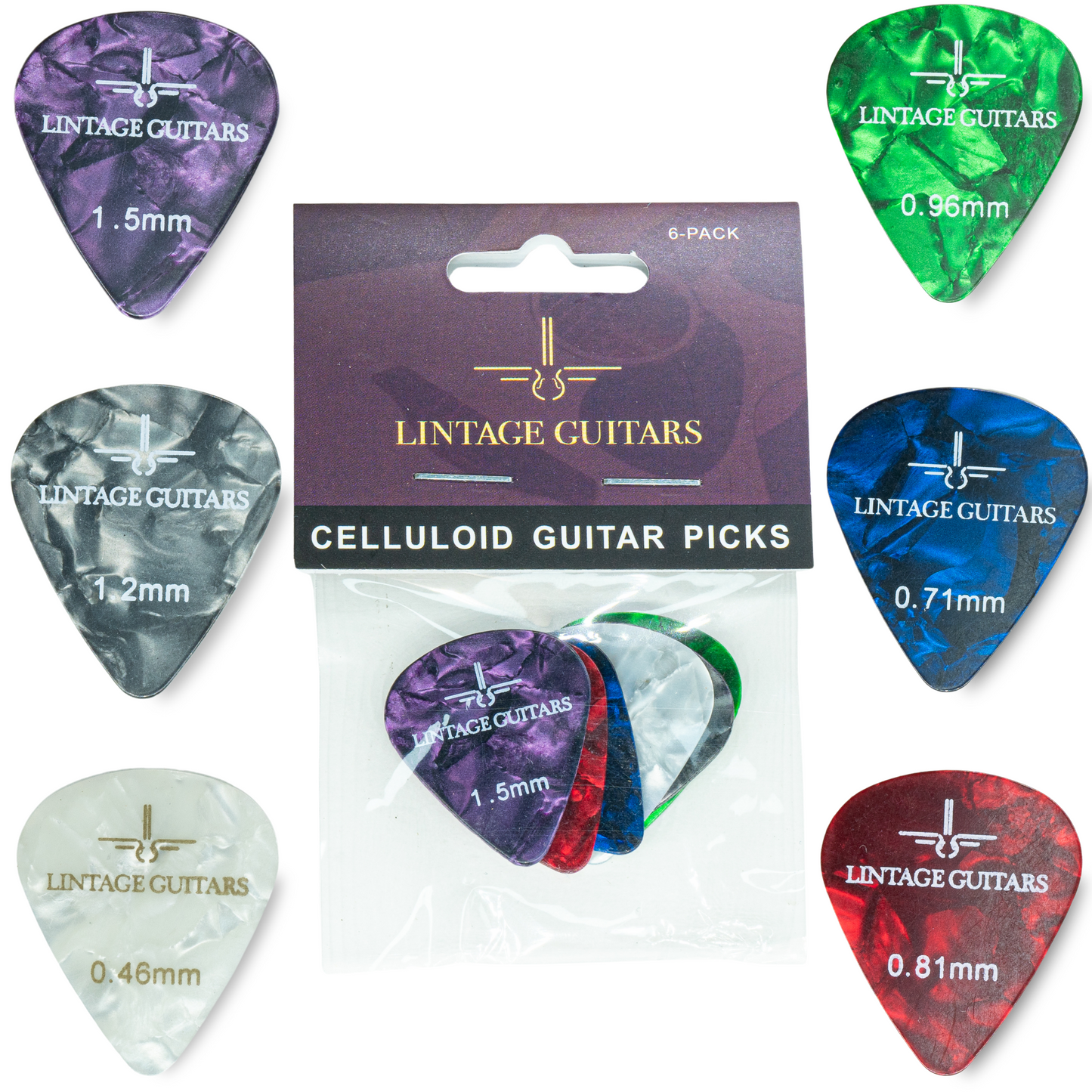 6 Stuks Celluloid Plectrum Mix - 0.46 t/m 1.50