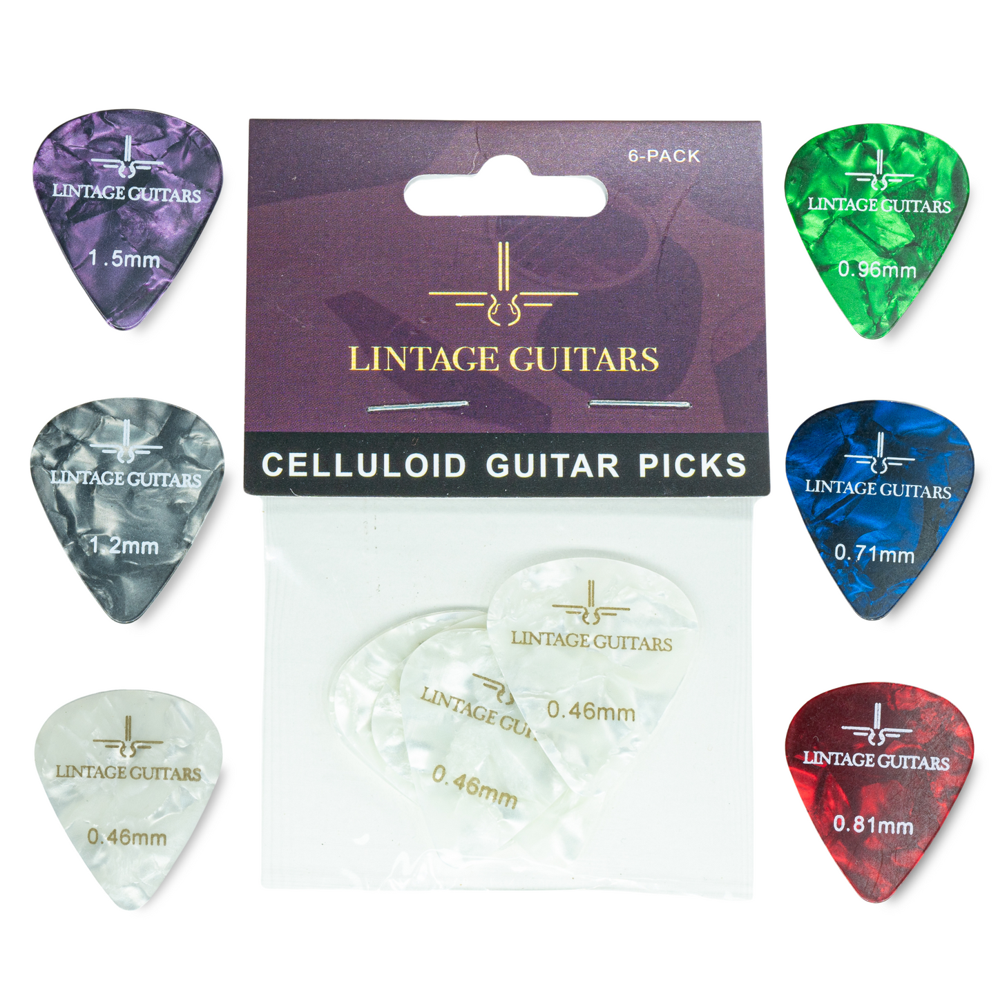 6 Stuks Celluloid Plectrum Mix - 0.46 t/m 1.50