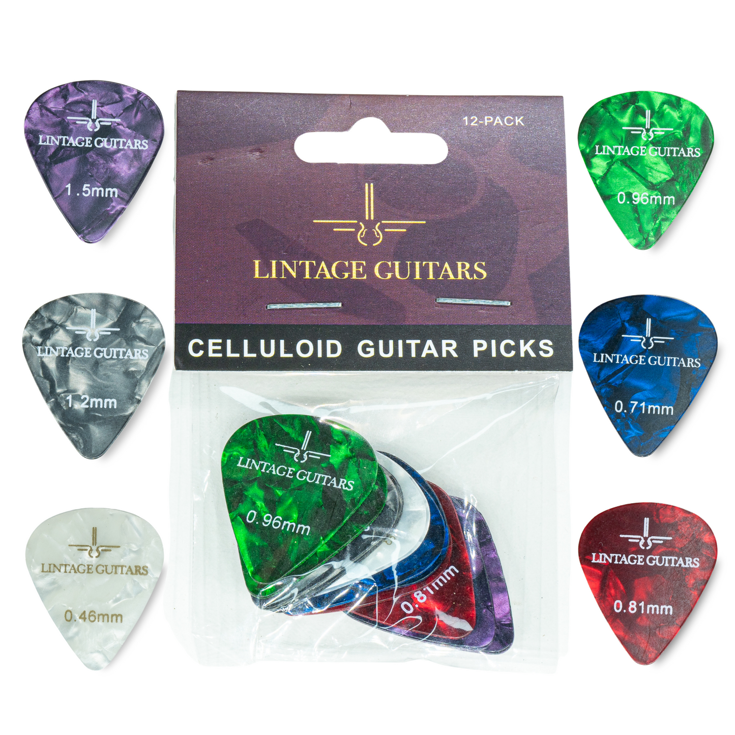 12 Stuks Plectrum Mix - 0.46 t/m 1.50 Plectrum - Celluloid Guitar Picks - Lintage Guitars®