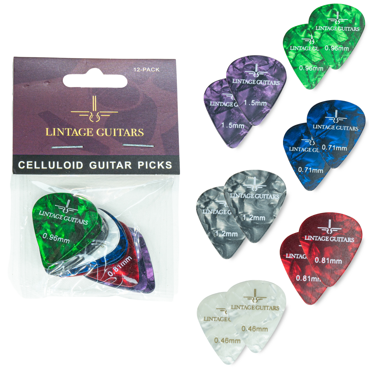 12 Stuks Plectrum Mix - 0.46 t/m 1.50 Plectrum - Celluloid Guitar Picks - Lintage Guitars®