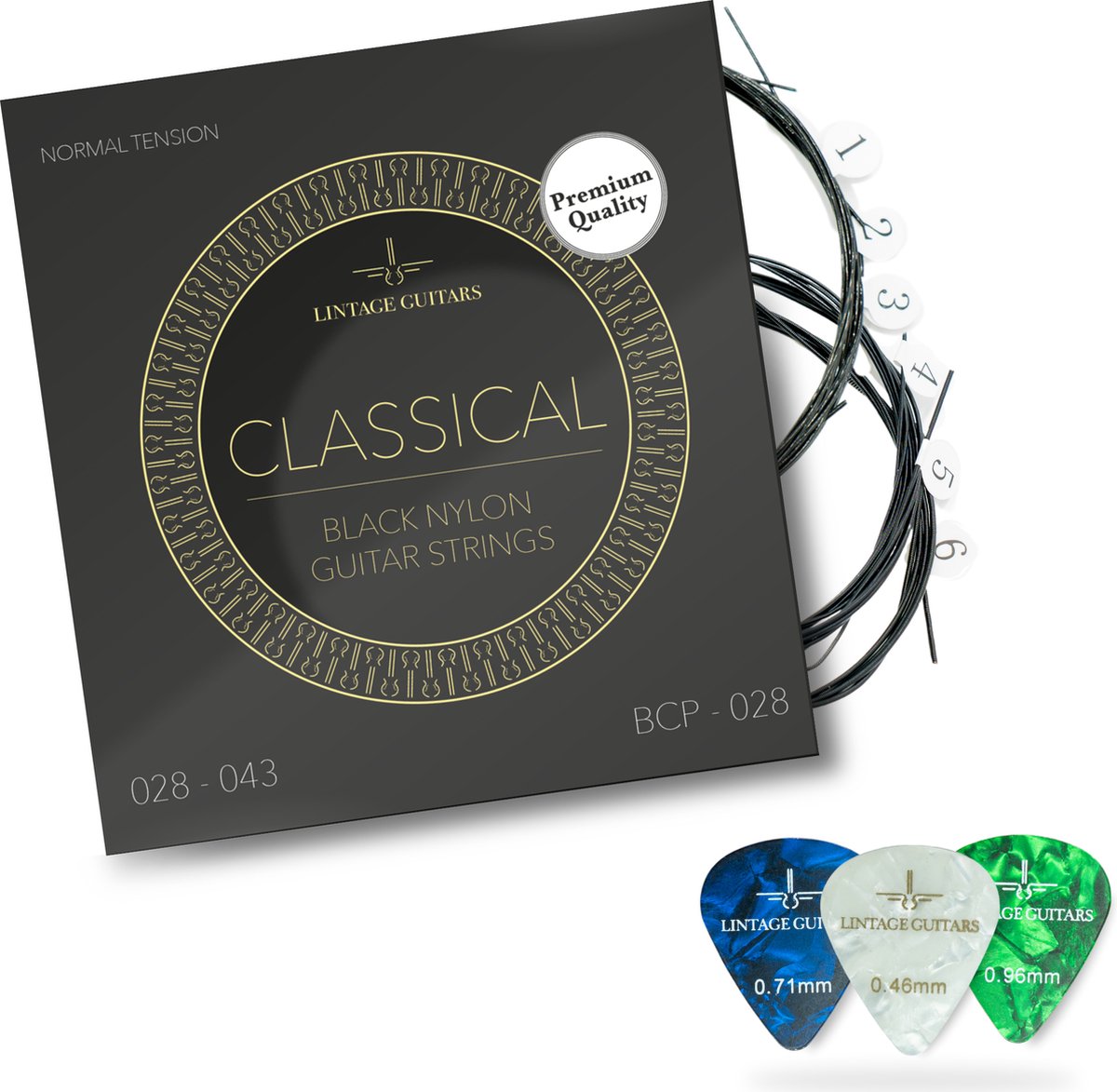 Premium Black klassieke akoestische gitaar snaren - Normal Tension - Inclusief 3 celluloid Plectra - BCP-028